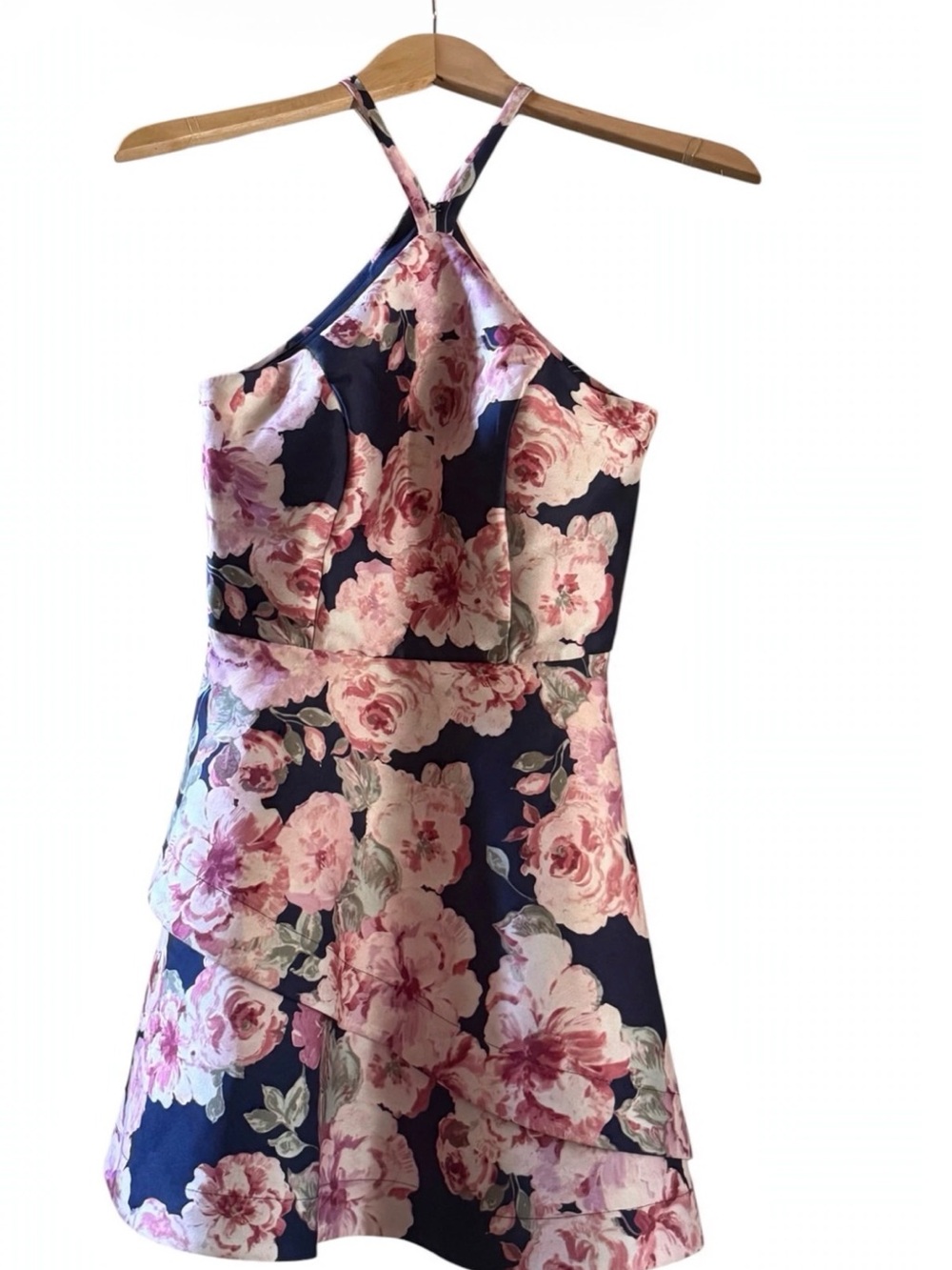 New luxury fabric Floral Halter Fit-and-Flare Dress - Navy & Pink